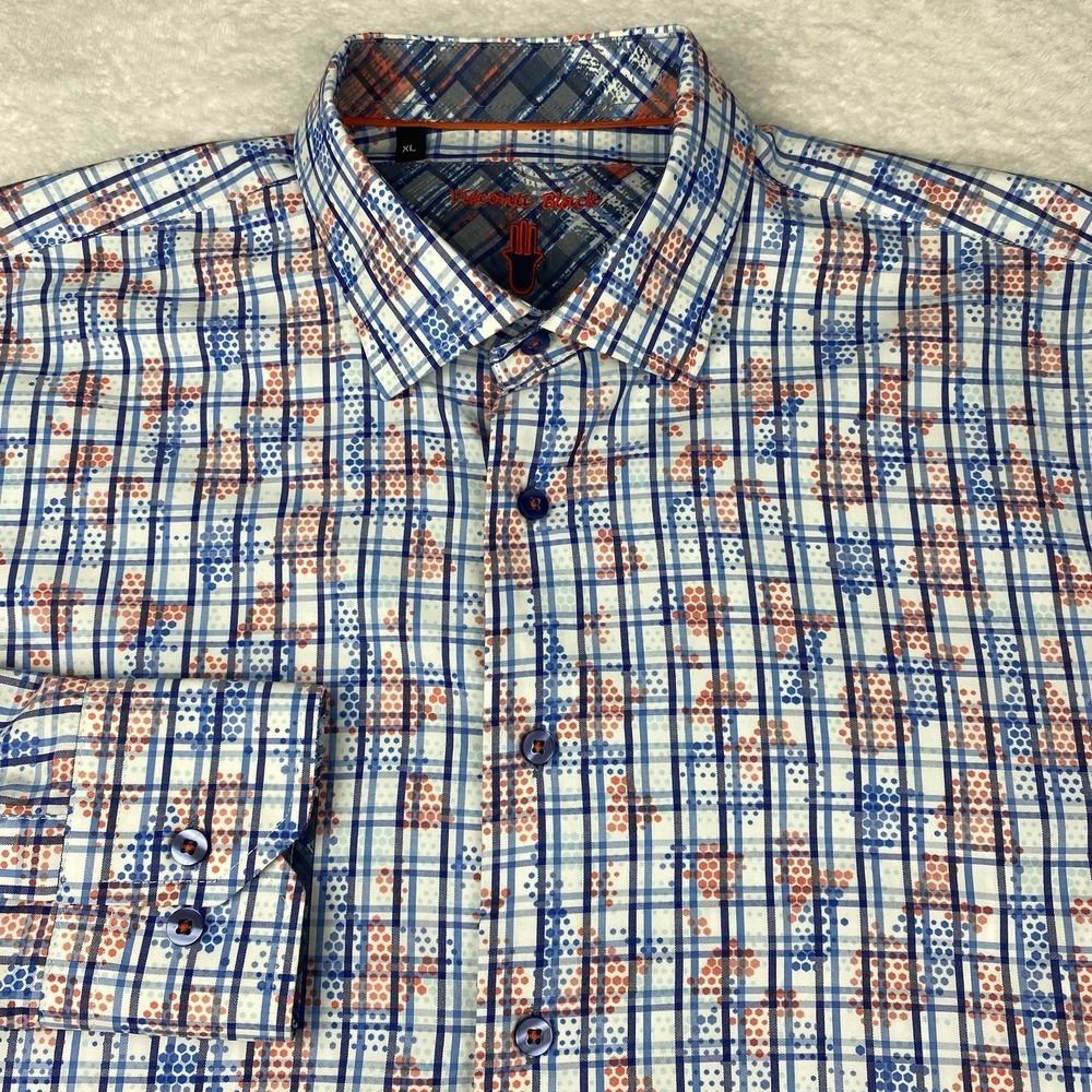 Visconti Black Dress Shirt Mens XL Blue/Orange Geometic Print-Checks Flip Cuffs